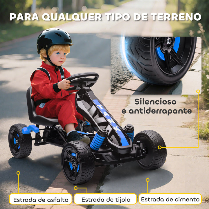 Kart a Pedais para Crianças a Partir dos 3 Anos Kart com Embraiagem Automática Travão Rodas Antiderrapantes em EVA e Estrutura Metálica Carga 50 kg 100x59x60,5 cm Azul