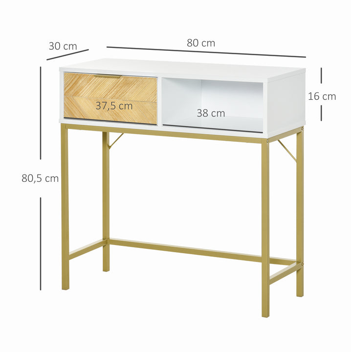 Mesa consola com gaveta e prateleira aberta Estilo moderno Móveis de Corredor Sala de estar 80x30x80,5 cm Ouro branco