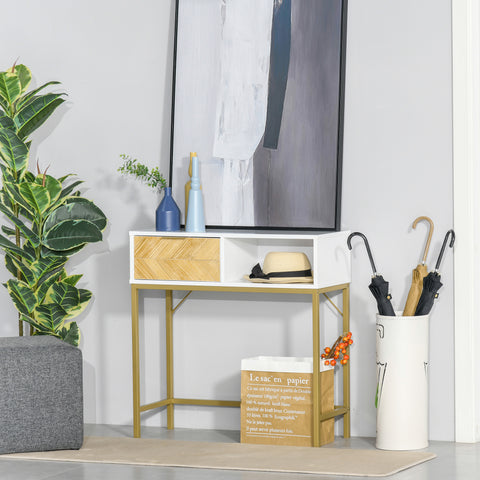 Mesa consola com gaveta e prateleira aberta Estilo moderno Móveis de Corredor Sala de estar 80x30x80,5 cm Ouro branco
