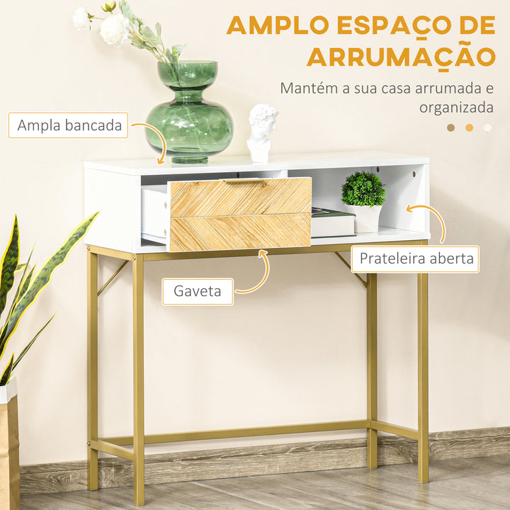 Mesa consola com gaveta e prateleira aberta Estilo moderno Móveis de Corredor Sala de estar 80x30x80,5 cm Ouro branco