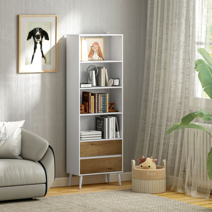 Estante para Livros de 6 Níveis Estante com 2 Gavetas e 4 Prateleiras Abertas para Sala de Estar Escritório Dormitório 60x30x179 cm Branco