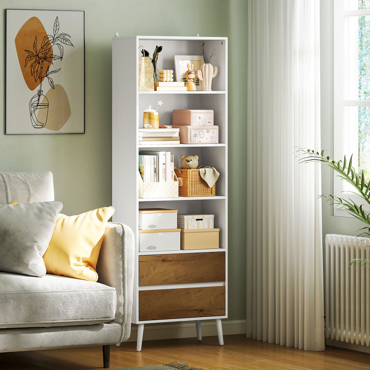 Estante para Livros de 6 Níveis Estante com 2 Gavetas e 4 Prateleiras Abertas para Sala de Estar Escritório Dormitório 60x30x179 cm Branco