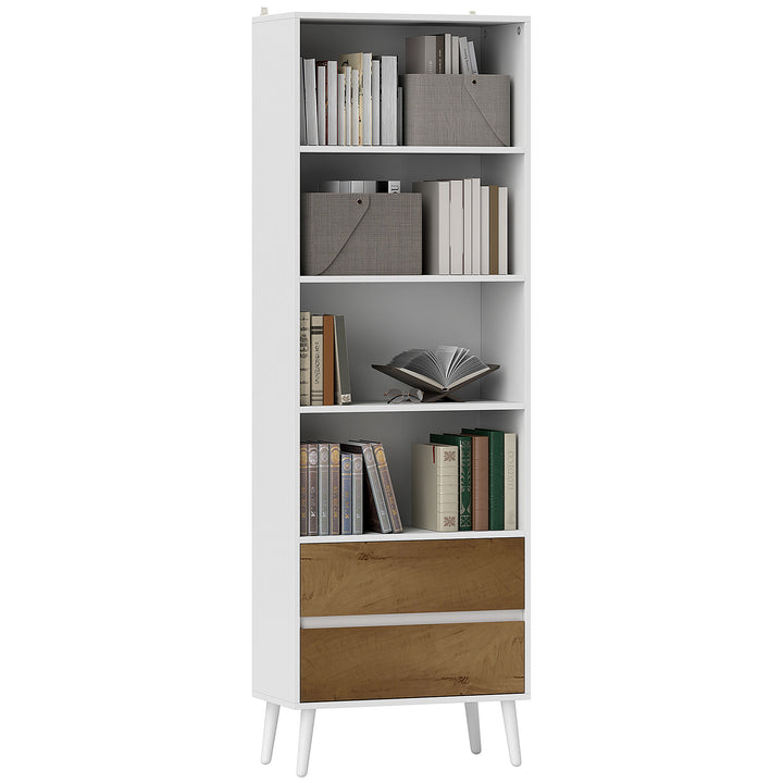 Estante para Livros de 6 Níveis Estante com 2 Gavetas e 4 Prateleiras Abertas para Sala de Estar Escritório Dormitório 60x30x179 cm Branco
