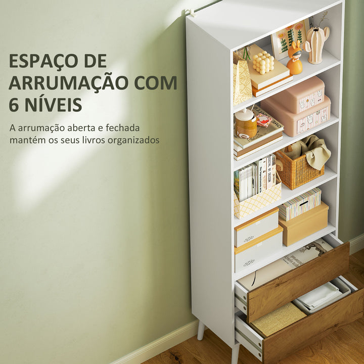 Estante para Livros de 6 Níveis Estante com 2 Gavetas e 4 Prateleiras Abertas para Sala de Estar Escritório Dormitório 60x30x179 cm Branco