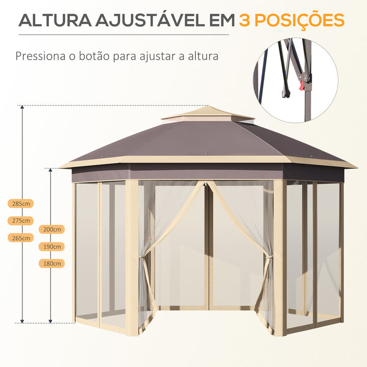 Tenda Dobrável 4,05x3,4x2,85 m Tenda de Jardim Hexagonal com Duplo Teto 6 Mosquiteiras Amovíveis Bolsa de Transporte Altura Ajustável e Anti-UV para Festa Pátio Bege