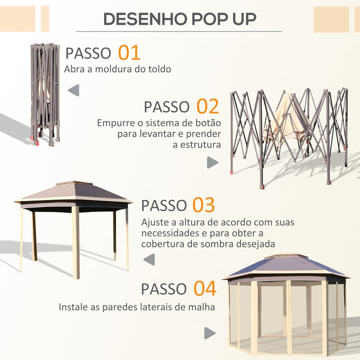 Tenda Dobrável 4,05x3,4x2,85 m Tenda de Jardim Hexagonal com Duplo Teto 6 Mosquiteiras Amovíveis Bolsa de Transporte Altura Ajustável e Anti-UV para Festa Pátio Bege