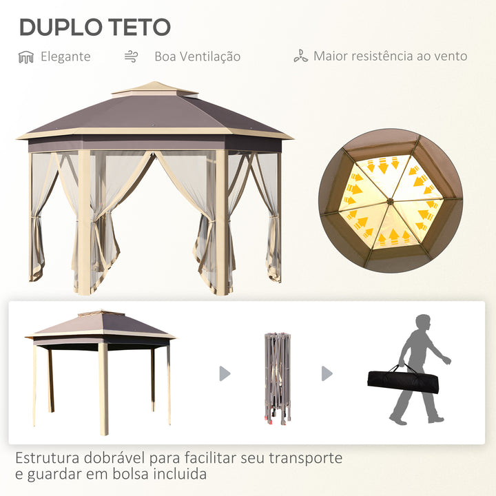 Tenda Dobrável 4,05x3,4x2,85 m Tenda de Jardim Hexagonal com Duplo Teto 6 Mosquiteiras Amovíveis Bolsa de Transporte Altura Ajustável e Anti-UV para Festa Pátio Bege