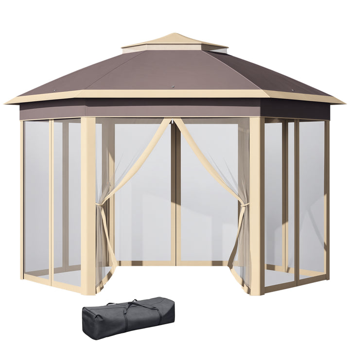 Tenda Dobrável 4,05x3,4x2,85 m Tenda de Jardim Hexagonal com Duplo Teto 6 Mosquiteiras Amovíveis Bolsa de Transporte Altura Ajustável e Anti-UV para Festa Pátio Bege