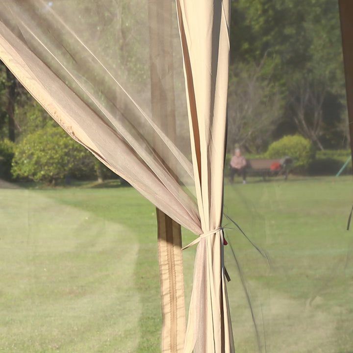 Tenda Dobrável 4,05x3,4x2,85 m Tenda de Jardim Hexagonal com Duplo Teto 6 Mosquiteiras Amovíveis Bolsa de Transporte Altura Ajustável e Anti-UV para Festa Pátio Bege