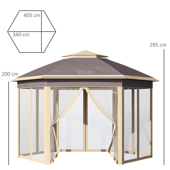 Tenda Dobrável 4,05x3,4x2,85 m Tenda de Jardim Hexagonal com Duplo Teto 6 Mosquiteiras Amovíveis Bolsa de Transporte Altura Ajustável e Anti-UV para Festa Pátio Bege