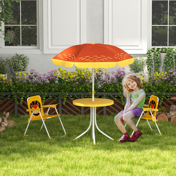 Conjunto Infantil de Mesa e Cadeiras de Exterior Conjunto de 2 Cadeiras Dobráveis e Mesa para Crianças Mesa com Chapéu de Sol Ajustável em Altura Tema de Leão para Jardim Pátio Amarelo e Castanho