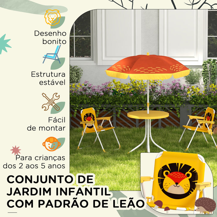 Conjunto Infantil de Mesa e Cadeiras de Exterior Conjunto de 2 Cadeiras Dobráveis e Mesa para Crianças Mesa com Chapéu de Sol Ajustável em Altura Tema de Leão para Jardim Pátio Amarelo e Castanho