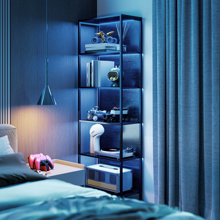 Estante de 5 Níveis com Luzes LED de 7 Cores Estante para Livros 60x30x179 cm Estante Industrial com Estrutura de Aço para Sala Quarto Escritório Preto