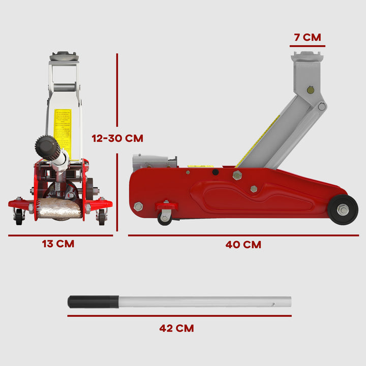 Macaco Hidráulico para Carros de 2 Toneladas Macaco Hidráulico com Altura Ajustável 12-30 cm e 4 Rodas para Apoiar Carros Vermelho e Cinza
