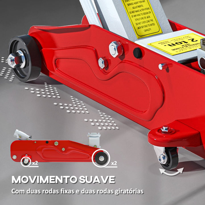Macaco Hidráulico para Carros de 2 Toneladas Macaco Hidráulico com Altura Ajustável 12-30 cm e 4 Rodas para Apoiar Carros Vermelho e Cinza