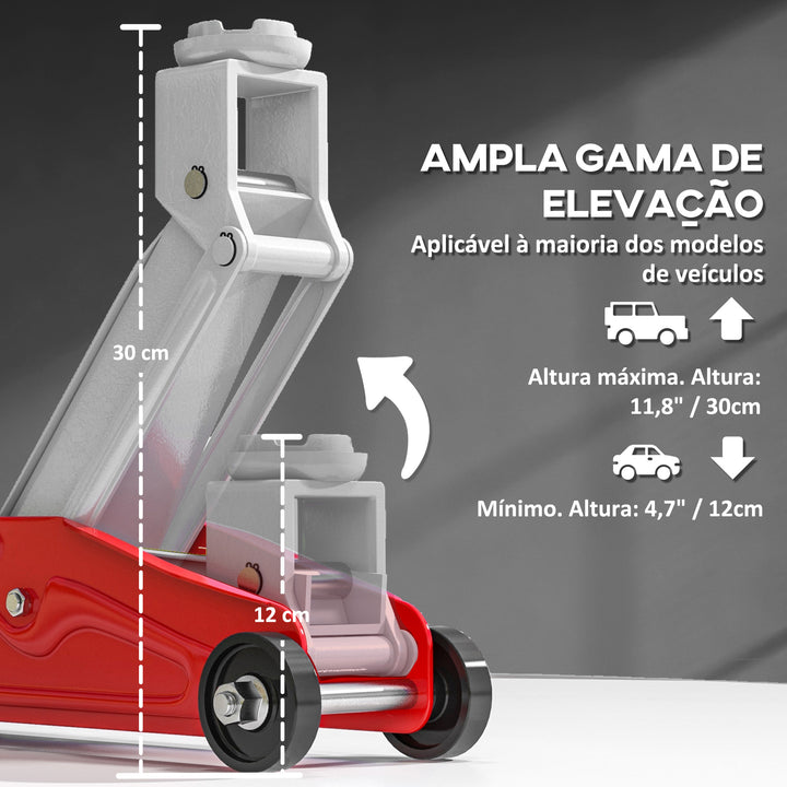 Macaco Hidráulico para Carros de 2 Toneladas Macaco Hidráulico com Altura Ajustável 12-30 cm e 4 Rodas para Apoiar Carros Vermelho e Cinza