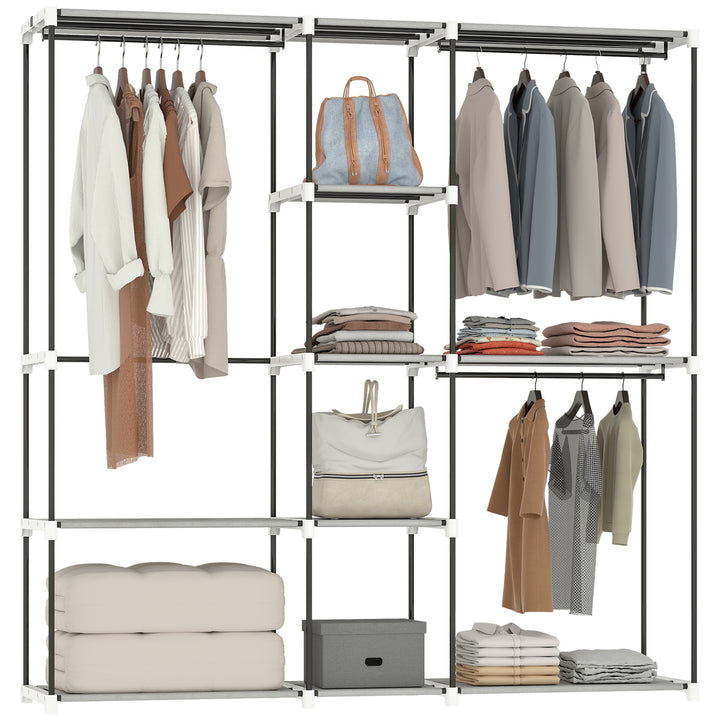 Armário para Roupas 182x43x185 cm Armário Aberto com 8 Prateleiras de Tecido Barras para Pendurar Estrutura de Metal para Quarto Sala Vestiário Cinzento Claro