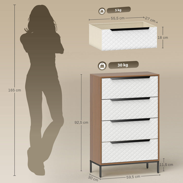Cómoda com 4 Gavetas de Tecido Cómoda para Quarto Frentes com Padrão de Diamante Móvel de Arrumação para Sala de Estar Escritório Closet 59,5,5x30x92,5 cm Madeira e Branco