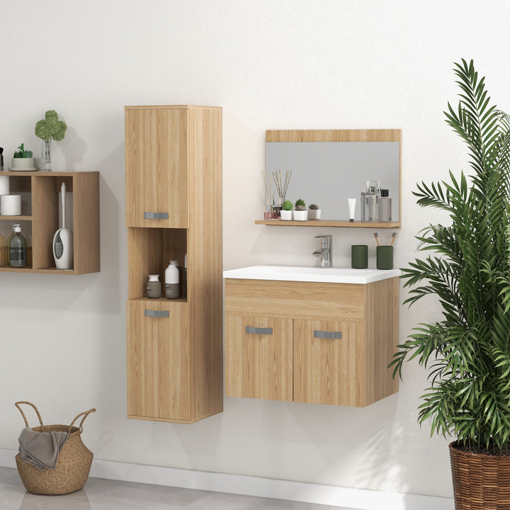 Conjunto de Móveis para Casa de Banho de Parede 3 Peças Inclui Espelho com Prateleira Móvel com Lavatório Cerâmico e Coluna de Casa de Banho Estilo Moderno Madeira
