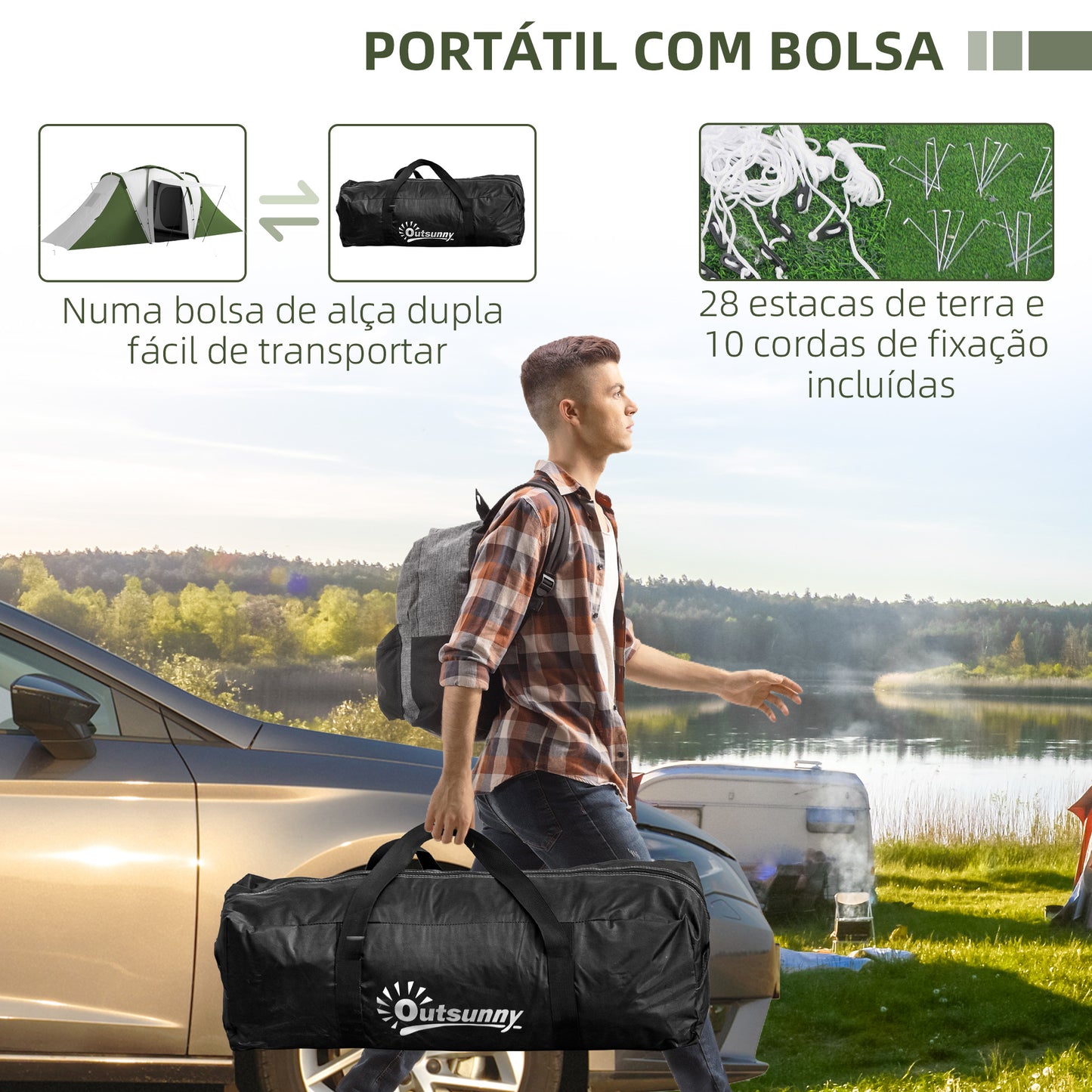 Tenda de Campismo Familiar para 4-6 Pessoas com 2 Dormitórios Tenda de Campismo Grande Impermeável 3000 mm com Bolsa de Transporte 555x225x190 cm Cinza e Verde