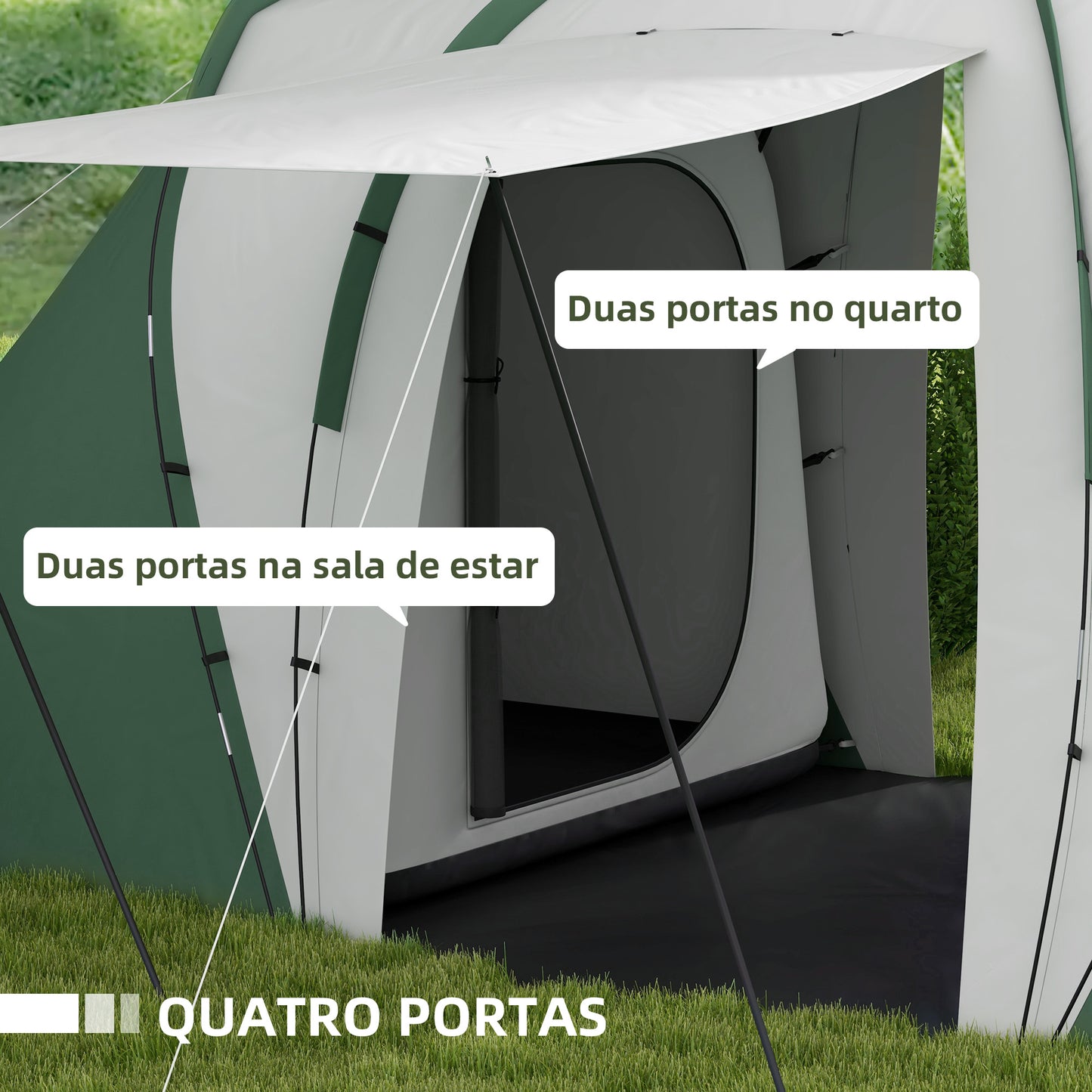 Tenda de Campismo Familiar para 4-6 Pessoas com 2 Dormitórios Tenda de Campismo Grande Impermeável 3000 mm com Bolsa de Transporte 555x225x190 cm Cinza e Verde