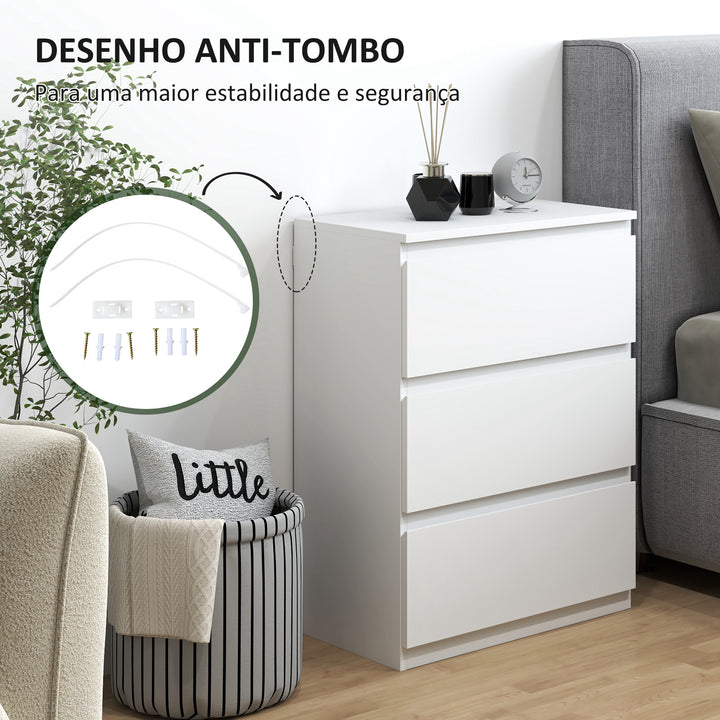 Cómoda com 3 Gavetas de Madeira Cómoda de Dormitório Cómoda Branca para Sala de Estar Estilo Moderno 55x34x75 cm Branco Brilhante