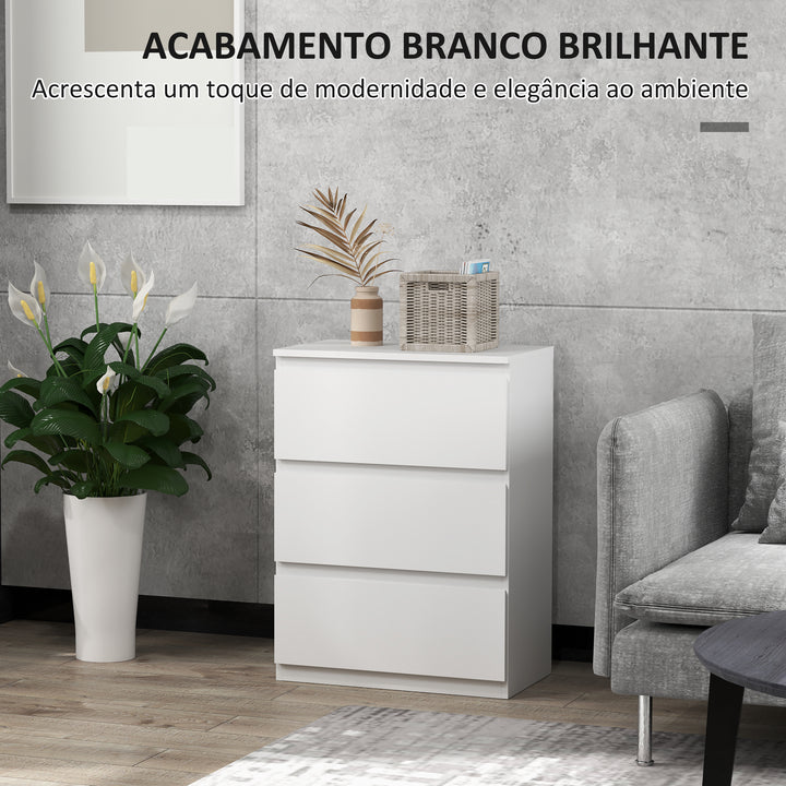 Cómoda com 3 Gavetas de Madeira Cómoda de Dormitório Cómoda Branca para Sala de Estar Estilo Moderno 55x34x75 cm Branco Brilhante