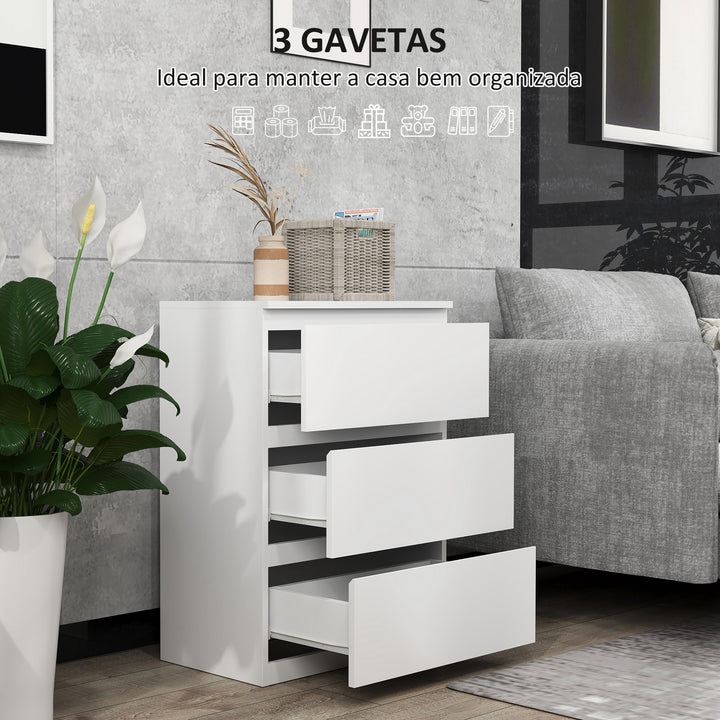 Cómoda com 3 Gavetas de Madeira Cómoda de Dormitório Cómoda Branca para Sala de Estar Estilo Moderno 55x34x75 cm Branco Brilhante