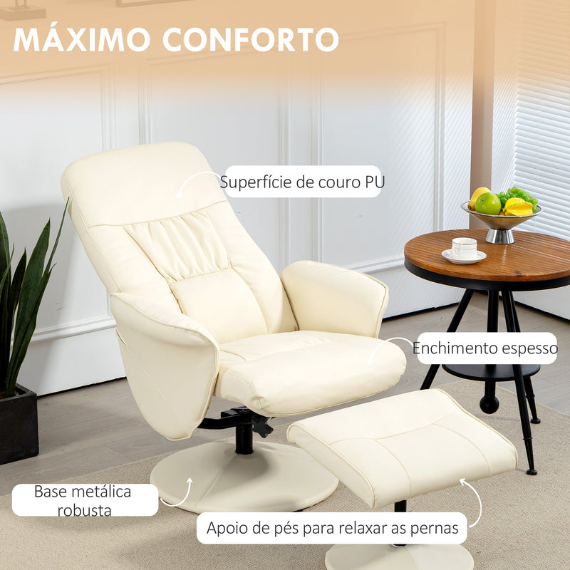 Poltrona Relax com Apoio para os Pés Estofada em PU Poltrona Relax Reclinável até 145° e Giratório 360° com Encosto Ajustável para Sala de Estar Dormitório Escritório 81x81x105cm Creme