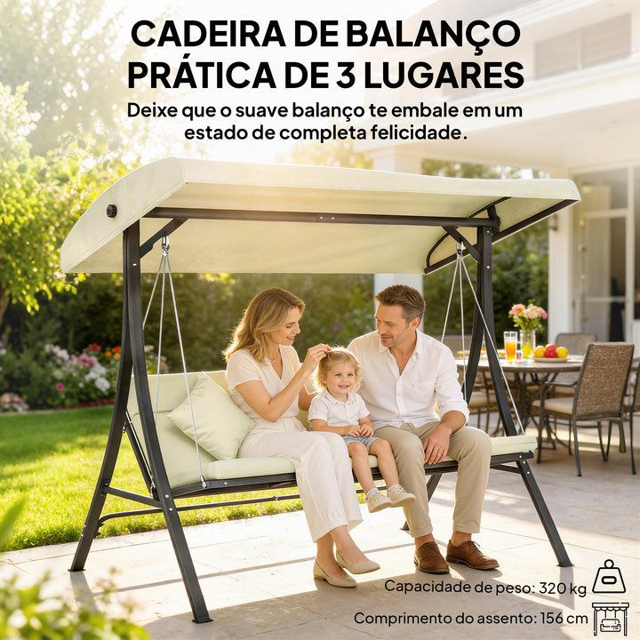 Baloiço de Jardim Exterior de 3 Lugares Baloiço com Toldo Ajustável Almofadas e Estrutura de Aço para Terraço ou Jardim Suporta até 320 kg 202x115x168 cm Bege