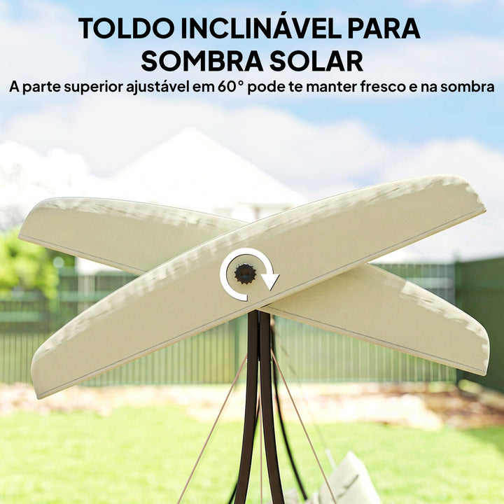 Baloiço de Jardim Exterior de 3 Lugares Baloiço com Toldo Ajustável Almofadas e Estrutura de Aço para Terraço ou Jardim Suporta até 320 kg 202x115x168 cm Bege