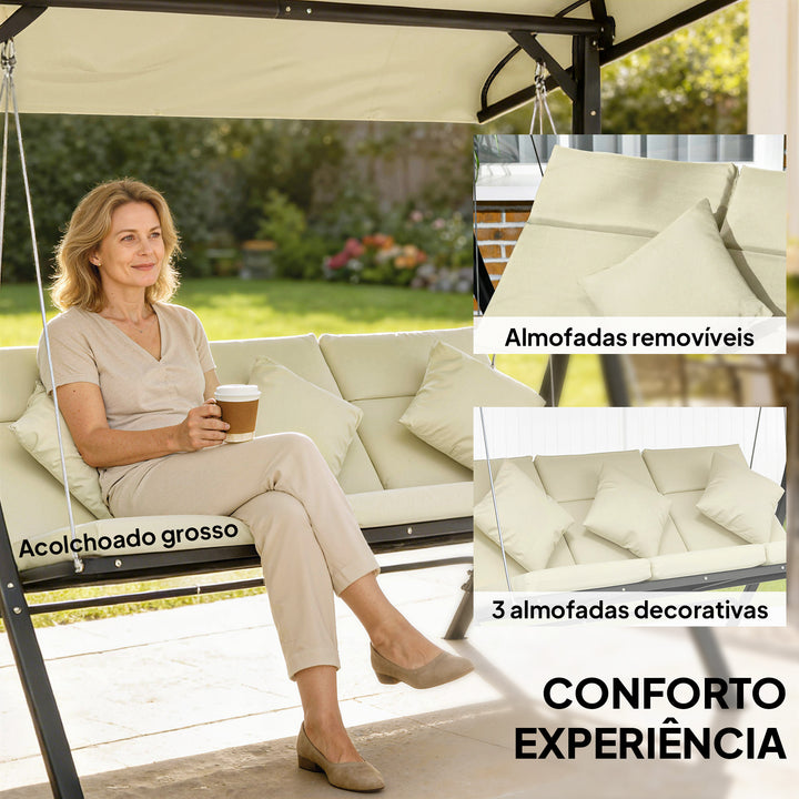 Baloiço de Jardim Exterior de 3 Lugares Baloiço com Toldo Ajustável Almofadas e Estrutura de Aço para Terraço ou Jardim Suporta até 320 kg 202x115x168 cm Bege