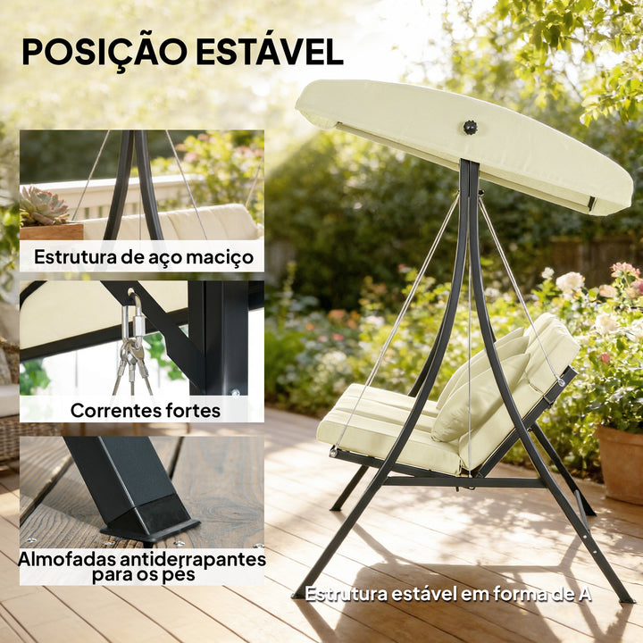 Baloiço de Jardim Exterior de 3 Lugares Baloiço com Toldo Ajustável Almofadas e Estrutura de Aço para Terraço ou Jardim Suporta até 320 kg 202x115x168 cm Bege