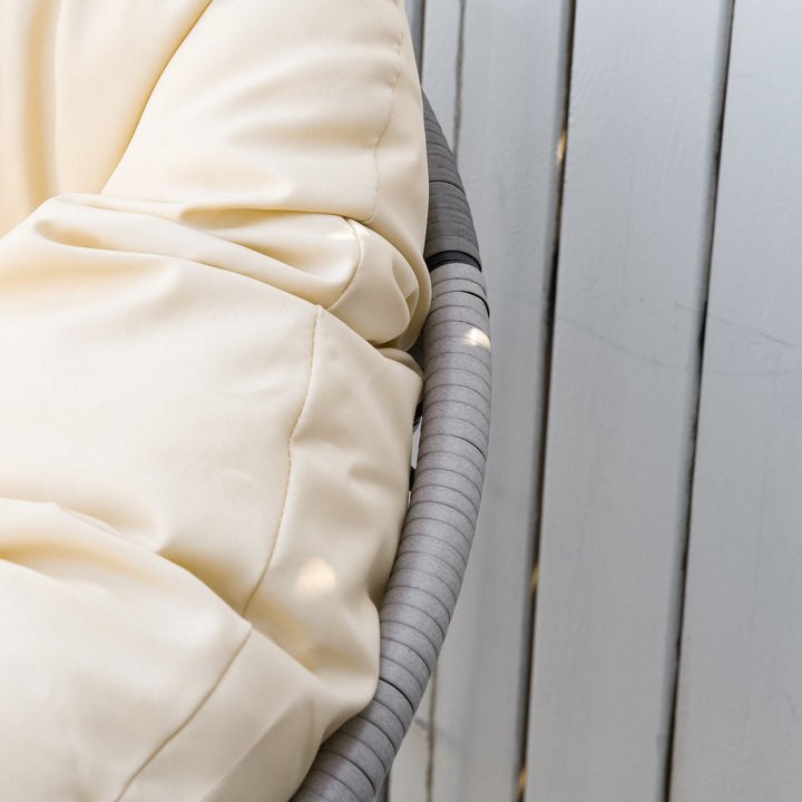 Poltrona Papasan Giratória de Vime Sintético Poltrona de Vime PE com Almofada e Estrutura de Aço Carga 160 kg para Jardim Terraço Pátio 87x97x90 cm Cinza e Creme