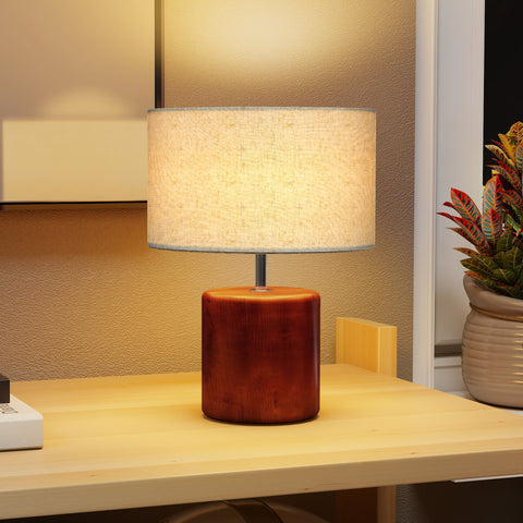 Candeeiro de Mesa Rústico Candeeiro de Mesa de Cabeceira com Base de Madeira Ecrã de Linho Interruptor Basculante para Quarto Sala E27 40W Ø20x27 cm Madeira e Bege
