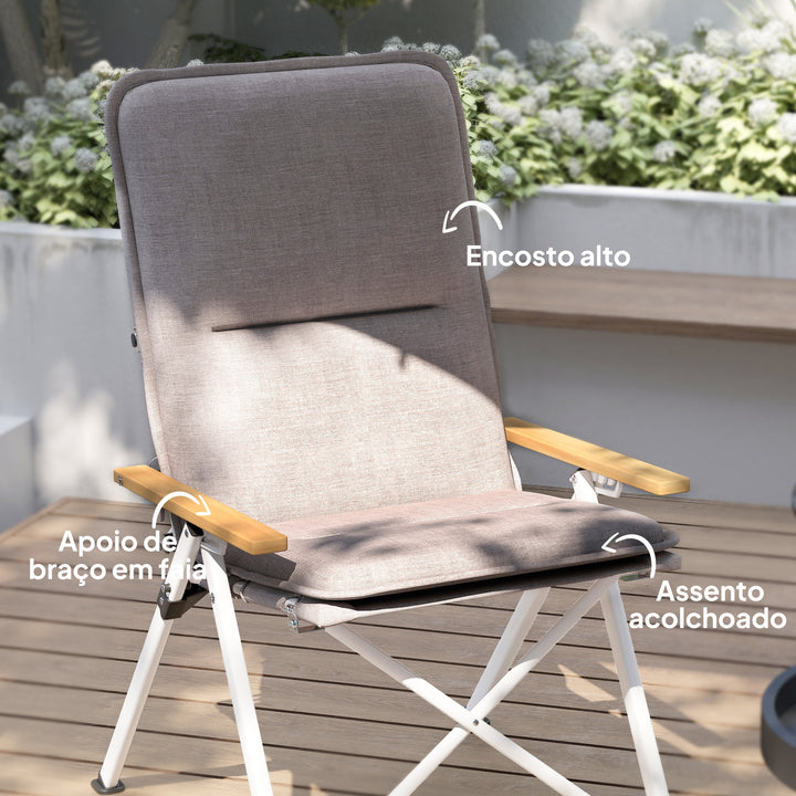 2 Cadeiras de Campismo Dobráveis de Alumínio Cadeiras de Jardim Portáteis com Encosto Alto Ajustável Apoios de Braços de Madeira e Bolsa de Transporte para Exterior 59x67x96 cm Cinza