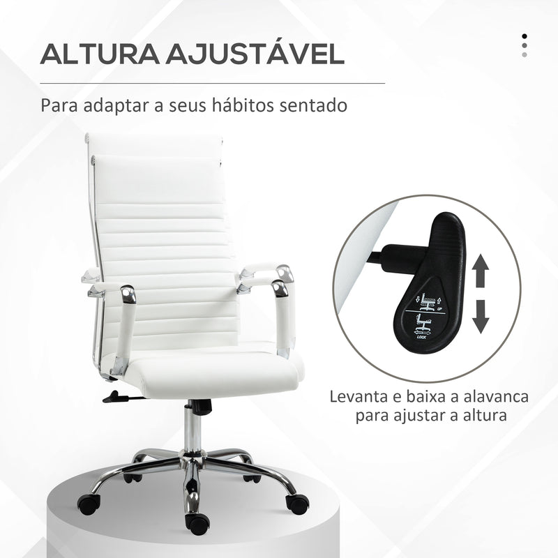 Cadeira de Escritório Ergonómica Giratória 360° Basculante com Altura Ajustável Rodas e Apoio para os Braços Estofada Pele Sintética 54x62x104-114 cm Branco