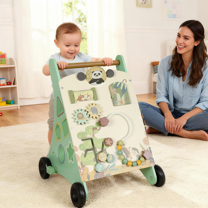 Andador de Madeira para Bebé Centro de Atividades de Aprendizagem Montessori com Controlo de Velocidade com Xilofone Engrenagens Labirinto Contas para Crianças a partir de 18 Meses 33,5x36x46,8 cm Verde