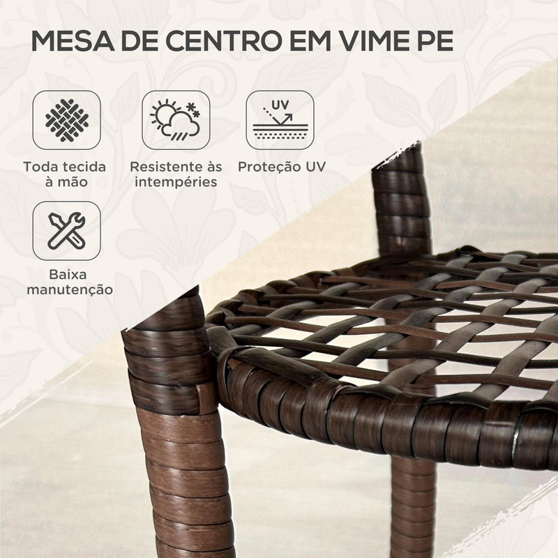 Mesa de Vime Redonda Ø64x71 cm Mesa de Jardim com Estante Estrutura de Aço e Tampo de Vidro Suporta 50 kg para Terraço Pátio Castanho