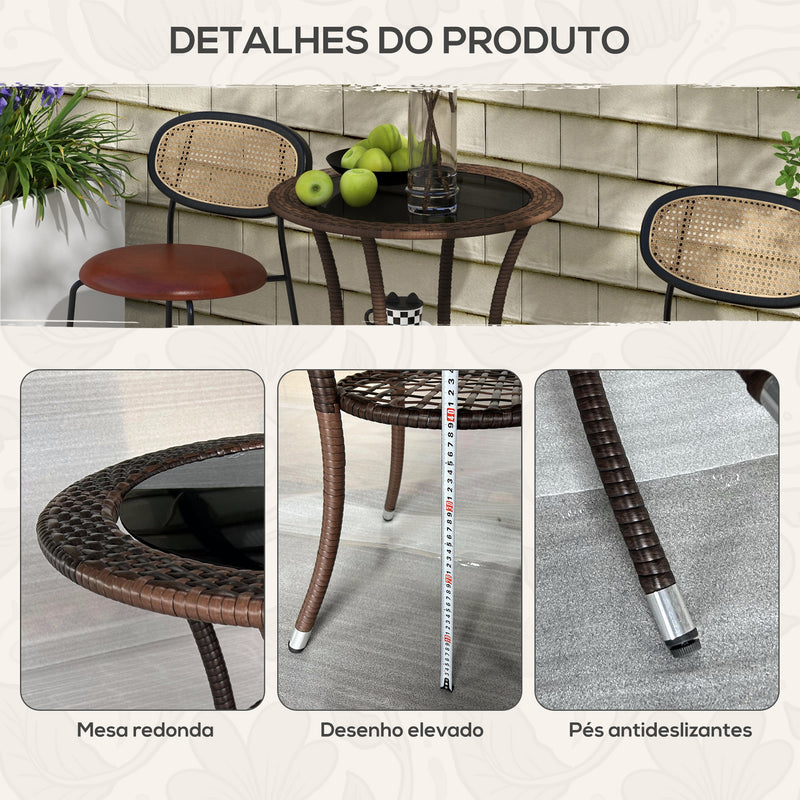 Mesa de Vime Redonda Ø64x71 cm Mesa de Jardim com Estante Estrutura de Aço e Tampo de Vidro Suporta 50 kg para Terraço Pátio Castanho