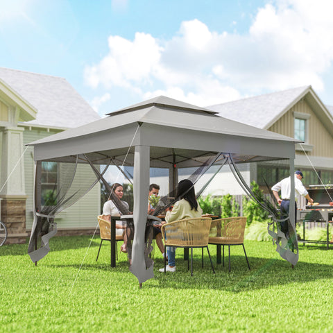 Tenda Dobrável Exterior 325x325x270 cm Tenda de Jardim com Teto Duplo Rede Mosquiteira Amovível e Bolsa de Transporte para Jardim Pátio Cinzento
