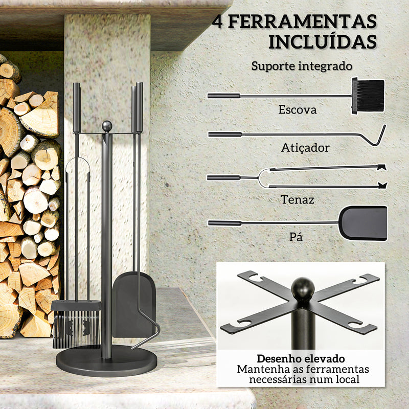 Conjunto de Ferramentas para Lareira com 5 Peças Conjunto de Acessórios para Lareira de Metal com Escova Pá Tenaz Atiçador e Suporte Ø25x54 cm Preto