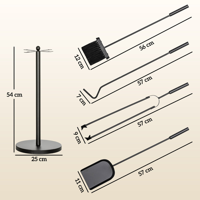 Conjunto de Ferramentas para Lareira com 5 Peças Conjunto de Acessórios para Lareira de Metal com Escova Pá Tenaz Atiçador e Suporte Ø25x54 cm Preto