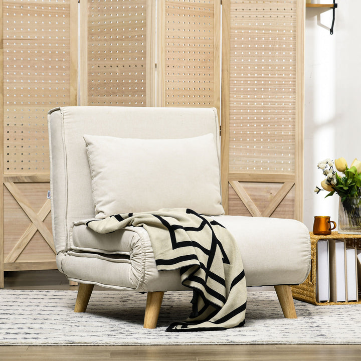 Sofá Cama Individual 3 em 1, Poltrona Cama Dobrável Estofada em Linho Sintético, com Encosto Ajustável em 6 Níveis, Almofada, Assento Largo, Pés de Madeira, 72x78x79 cm, Creme