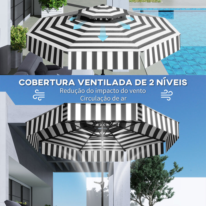 Chapéu de Sol para Jardim Ø263 cm Chapéu de Sol de Exterior com Ângulo Ajustável e Manivela Proteção UV30+ Chapéu de sol para Pátio Varanda Preto e Branco