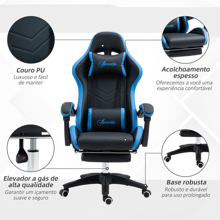 Cadeira Gaming Ergonómica Cadeira Gamer de Pele PU com Reclinação até 135° Suporte Lombar Altura Ajustável Apoio para a Cabeça e Apoio para os Pés Retrátil Preto e Azul
