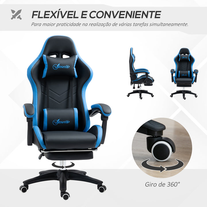 Cadeira Gaming Ergonómica Cadeira Gamer de Pele PU com Reclinação até 135° Suporte Lombar Altura Ajustável Apoio para a Cabeça e Apoio para os Pés Retrátil Preto e Azul