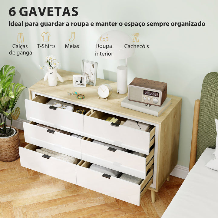Cómoda 6 Gavetas Cómoda Quarto com Pernas de Madeira Cómoda para Sala Escritório Estilo Moderno 110x40x75 cm Branco Brilhante e Carvalho
