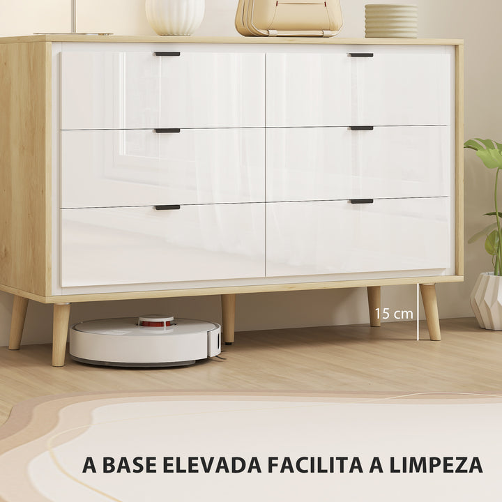 Cómoda 6 Gavetas Cómoda Quarto com Pernas de Madeira Cómoda para Sala Escritório Estilo Moderno 110x40x75 cm Branco Brilhante e Carvalho