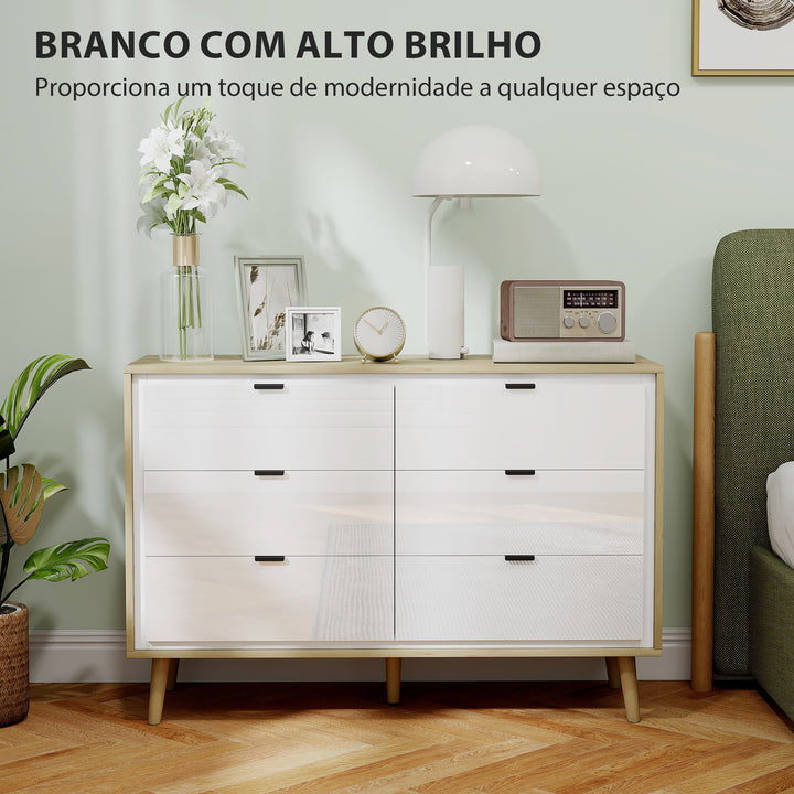Cómoda 6 Gavetas Cómoda Quarto com Pernas de Madeira Cómoda para Sala Escritório Estilo Moderno 110x40x75 cm Branco Brilhante e Carvalho